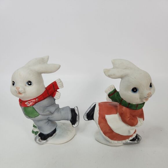 VINTAGE Homco Christmas Ice Skating Bunny Rabbits Boy & Girl 4" Figurines 5305 - Picture 13 of 15